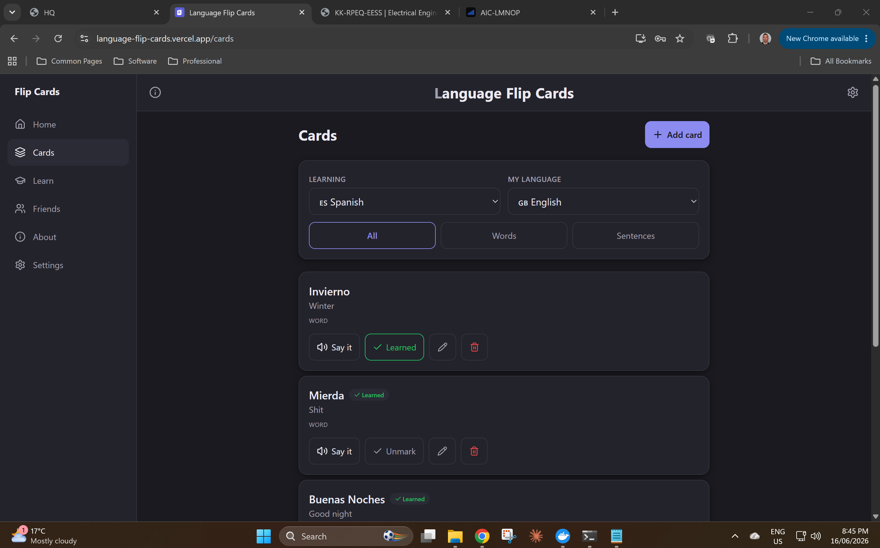 Language Flip Cards desktop screenshot